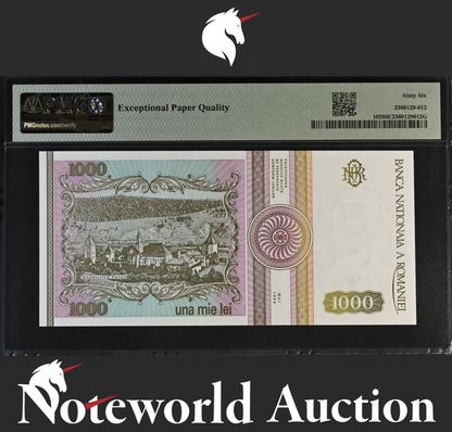 Romania Banca Nationala 1000 Lei 1993 P 102 LOW S/N 000807 UNC PMG 66 EPQ