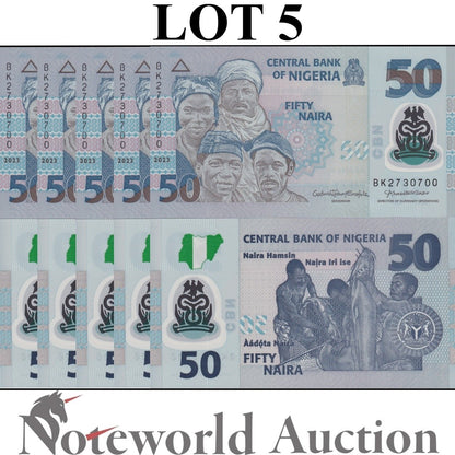 NIGERIA 50 Naira 2023 P 40 Polymer Lot 5 pcs 1/20 Bundle UNC