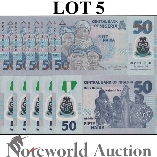 NIGERIA 50 Naira 2023 P 40 Polymer Lot 5 pcs 1/20 Bundle UNC