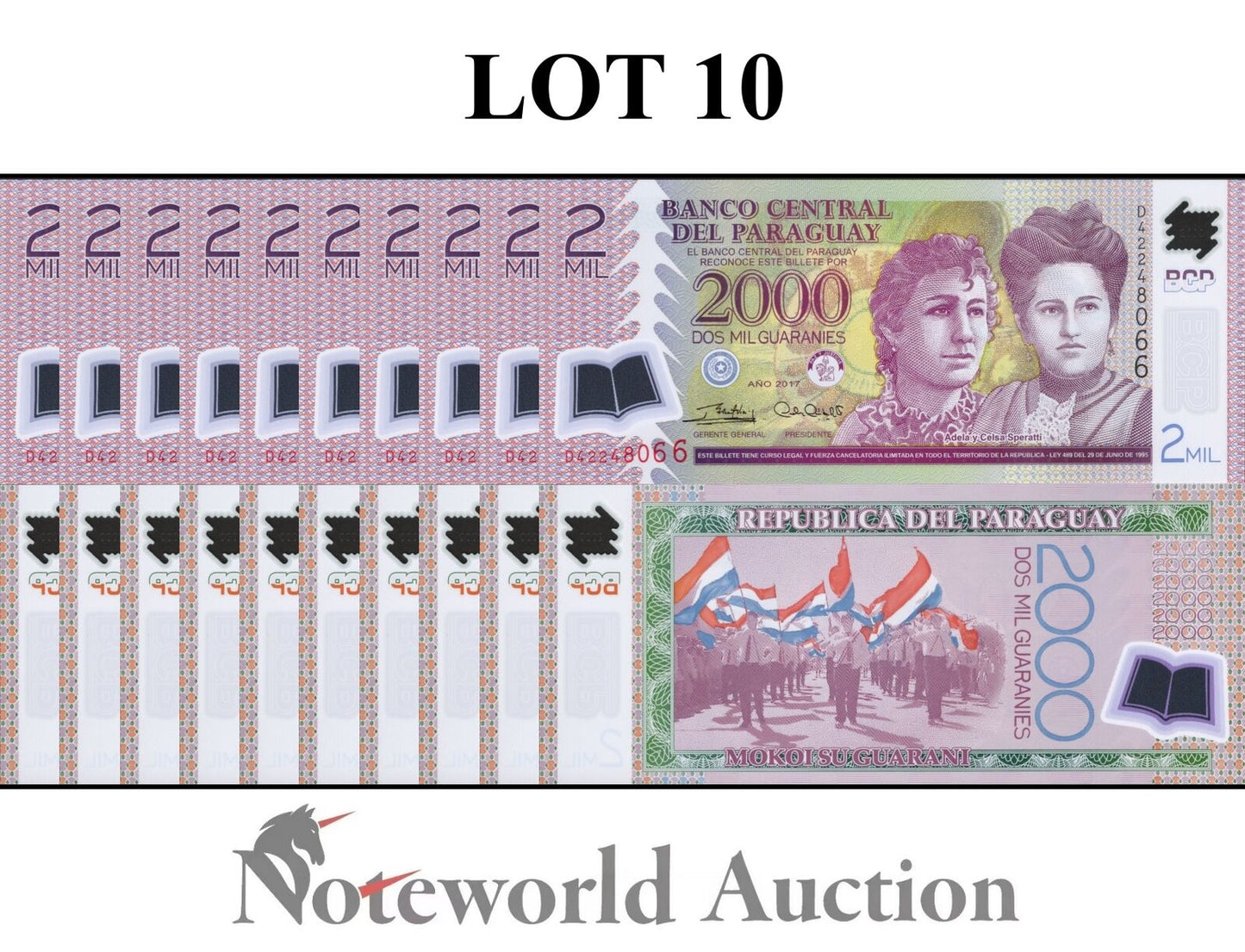 PARAGUAY Lot 10 pcs 1/10 Bundle - 2000 Guaranies 2017 P 228 Polymer UNC