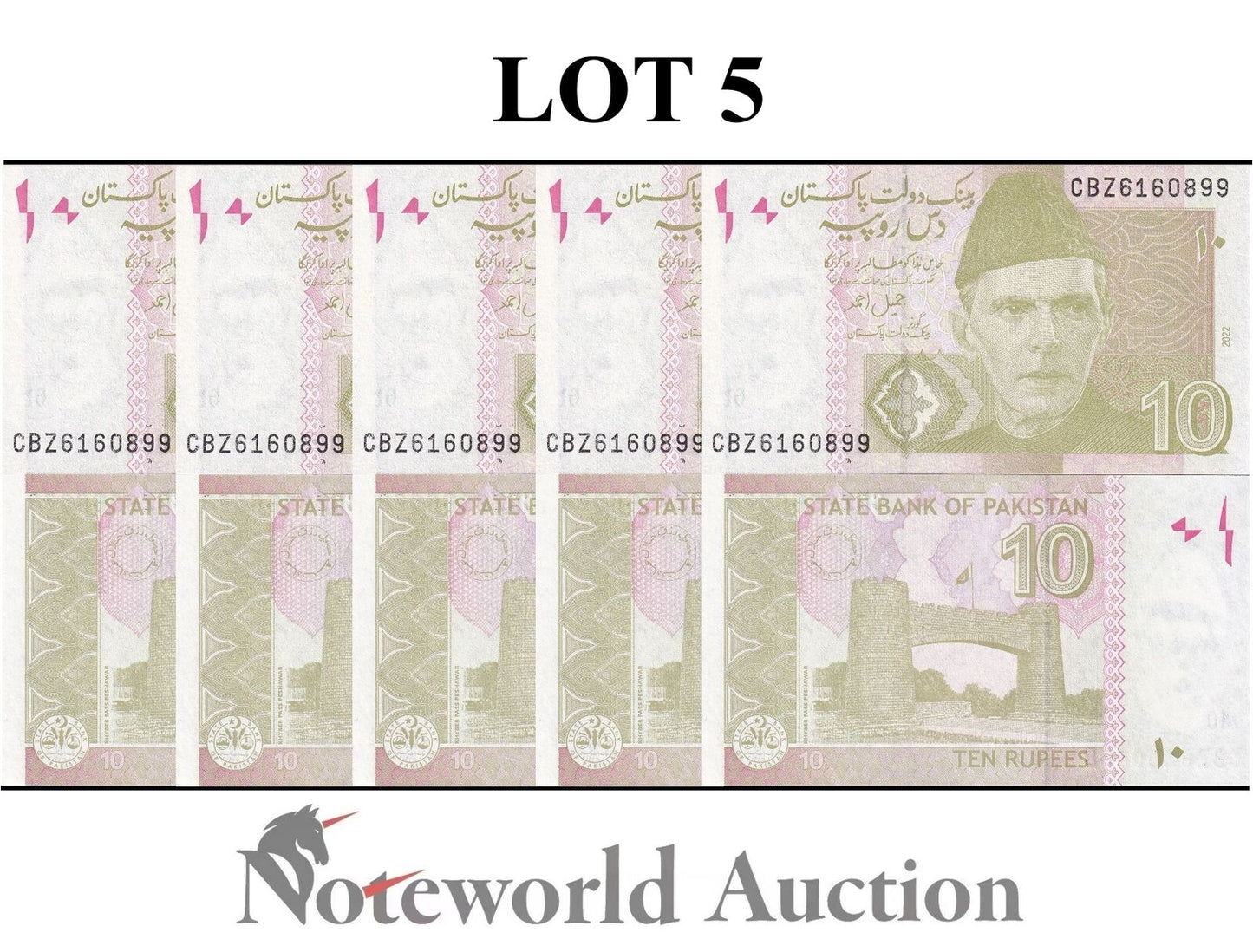 PAKISTAN Lot 5 pcs 1/20 Bundle - 10 Rupees 2022 P 45 UNC