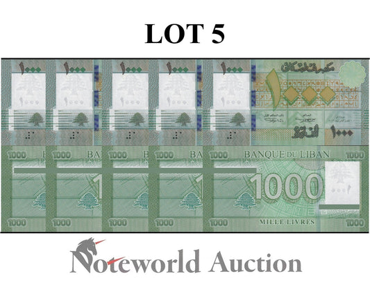 LEBANON 1000 Livres 2016 P 90c Hybrid series K228  Lot 5 pcs 1/20 Bundle  UNC