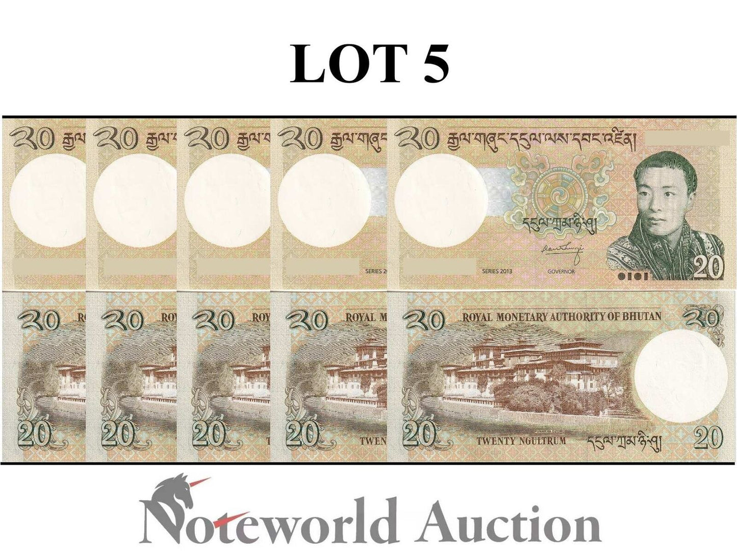 BHUTAN Lot 5 pcs 1/20 Bundle - 20 Ngultrum 2013 P 30b UNC