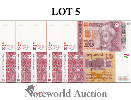 TAJIKISTAN 10 Somoni 2022/2023 P 24 Lot 5 pcs 1/20 Bundle UNC