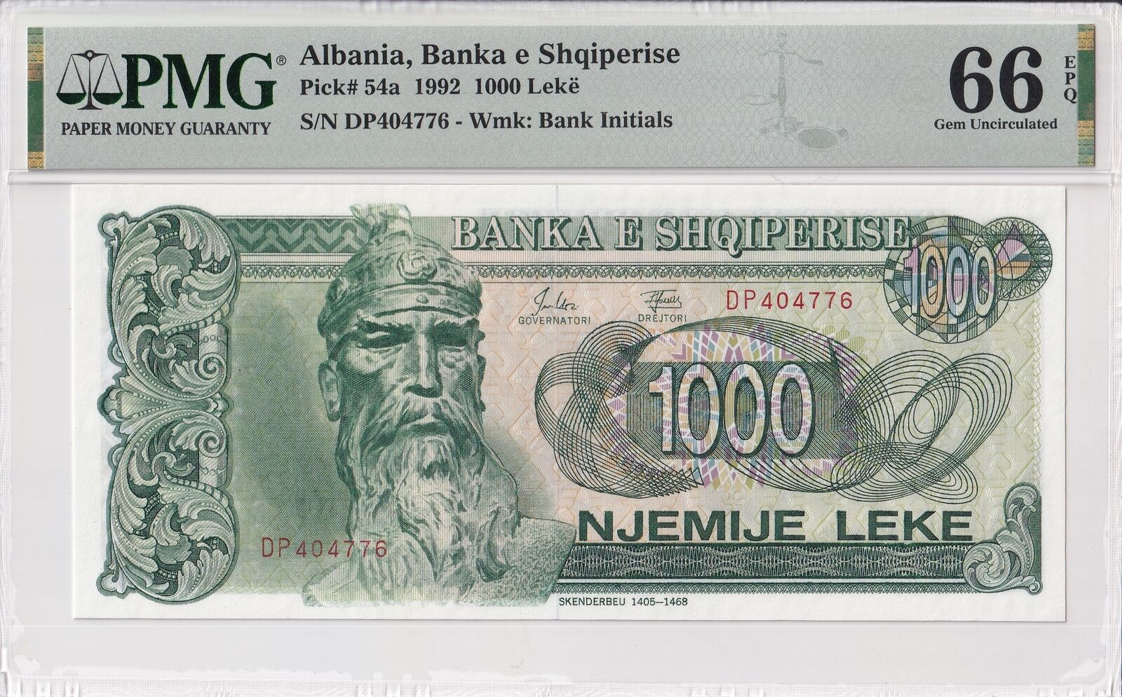 ALBANIA 1000 Leke 1992 P 54a Red Initials 2nd Top POP UNC PMG 66 EPQ