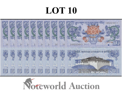 BHUTAN 1 Ngultrum 2013 P 27b Simtokha Dzong Dragons Lot 10 pcs 1/10 Bundle UNC