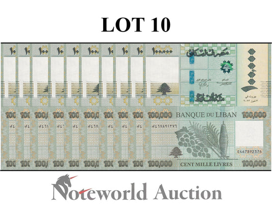 LEBANON 100000 Livres 2023 P 105 Lot 10 pcs 1/10 Bundle UNC