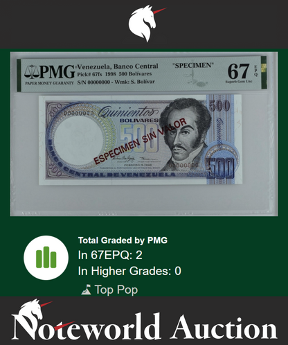 Venezuela SPECIMEN 500 Bolivares 1998 P 67fs UNC PMG 67 EPQ TOP POP