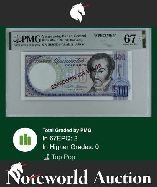 Venezuela SPECIMEN 500 Bolivares 1998 P 67fs UNC PMG 67 EPQ TOP POP