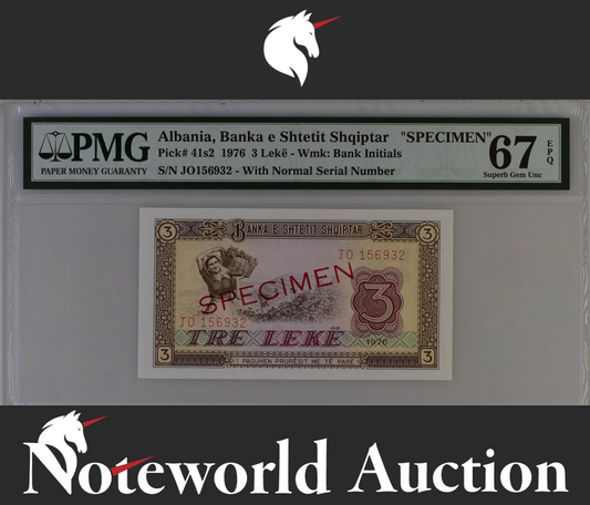 Albania SPECIMEN 3 Lek 1976 P 41s2 UNC PMG 67 EPQ 2nd TOP POP