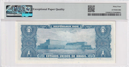 BRAZIL 1 Cruzeiro 1944 P 132 Hand Signed UNC PMG 64 EPQ