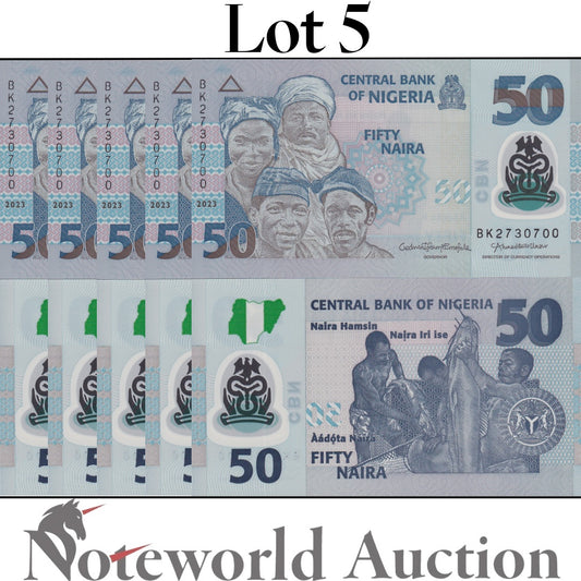 NIGERIA Lot 5 pcs 1/20 Bundle - 50 Naira 2023 P 40 Polymer UNC