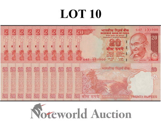 INDIA Lot 10 pcs 1/10 Bundle - 20 Rupees 2008 P 96f UNC