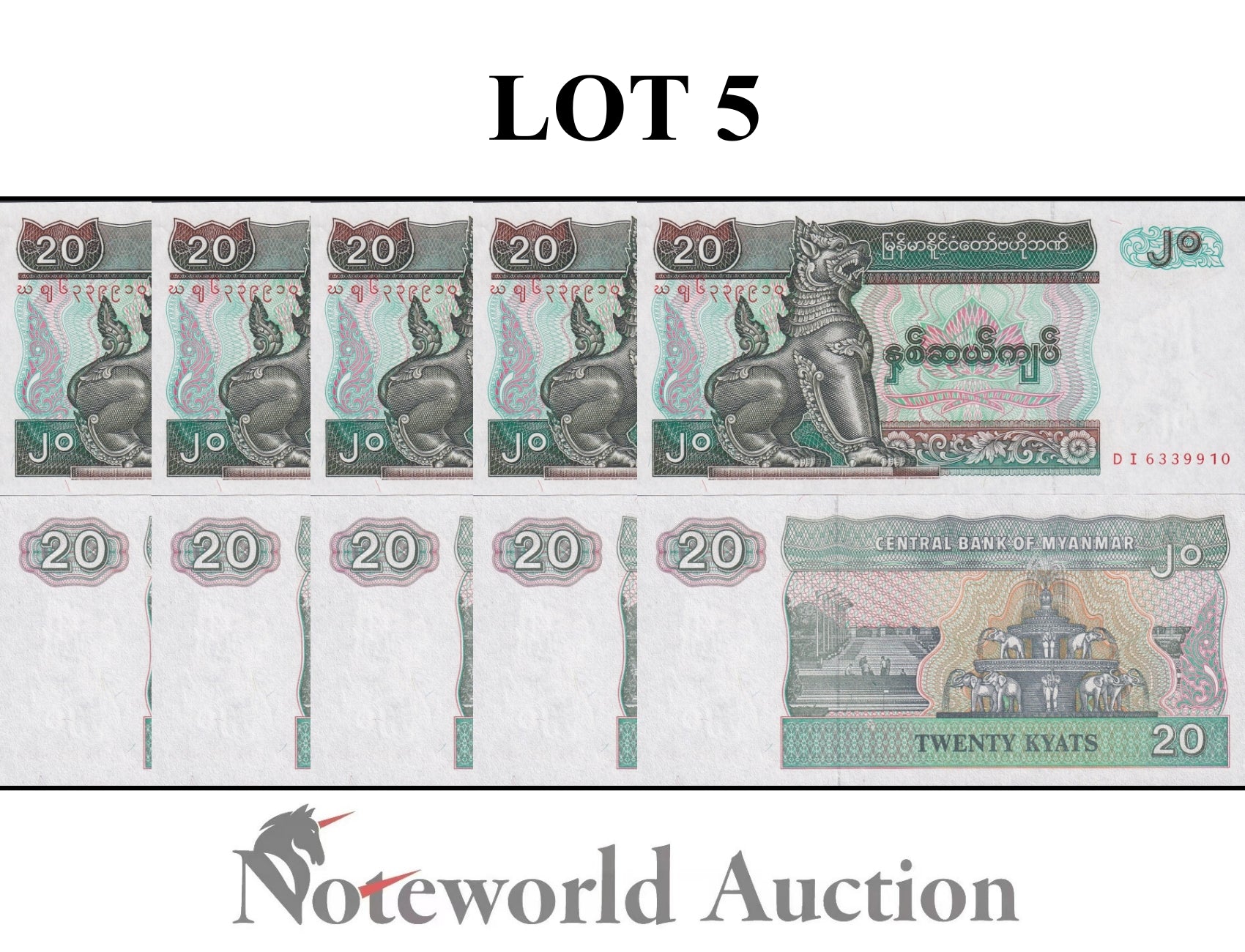 MYANMAR BURMA Lot 5 pcs 1/20 Bundle - 20 Kyats 1994 P 72 UNC