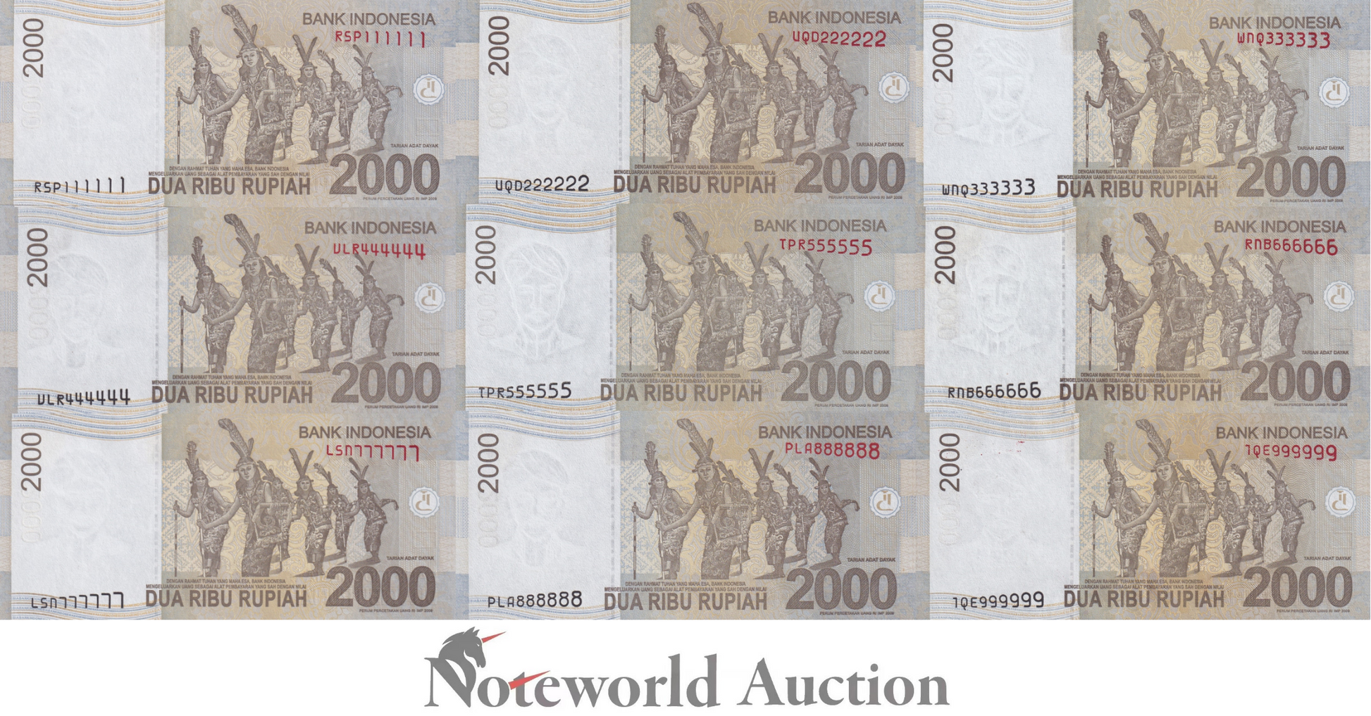 INDONESIA Set 9 pcs - 2000 Rupiah 2015 P 148g Fancy SOLID 111111 - 999999 UNC