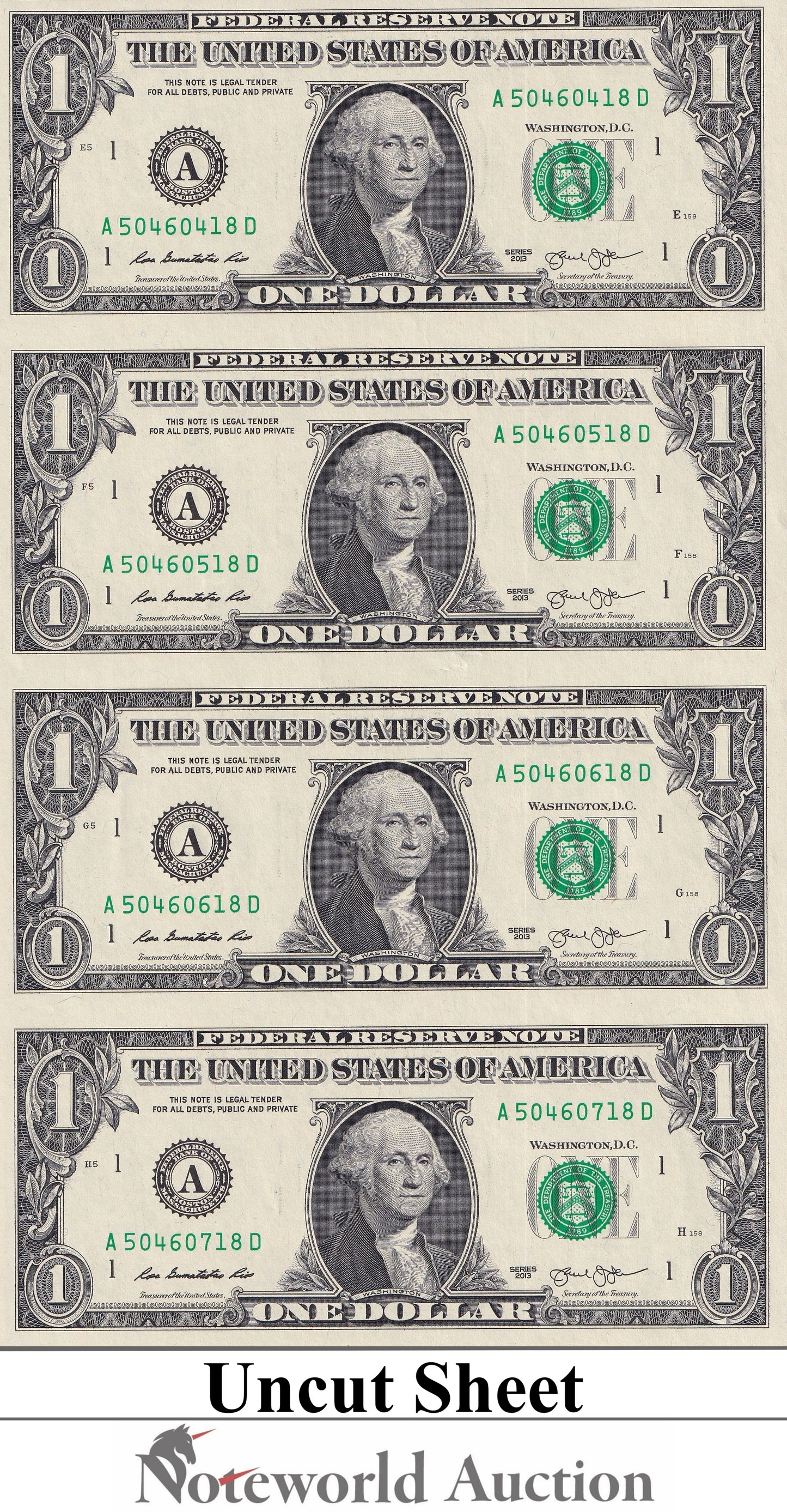 UNITED STATES USA 1 Dollar 2013 P 537 A - Boston MA UNCUT 4 IN 1 UNC