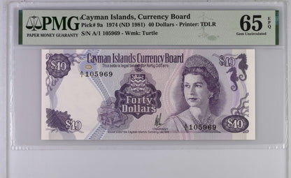 CAYMAN ISLANDS 40 Dollars (1974) 1981 P 9a UNC PMG 65 EPQ