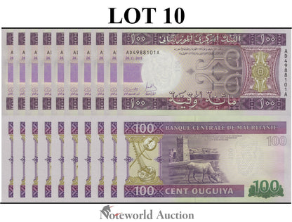 MAURITANIA Lot 10 pcs 1/10 Bundle - 100 Ouguiya 2015 P 16b UNC