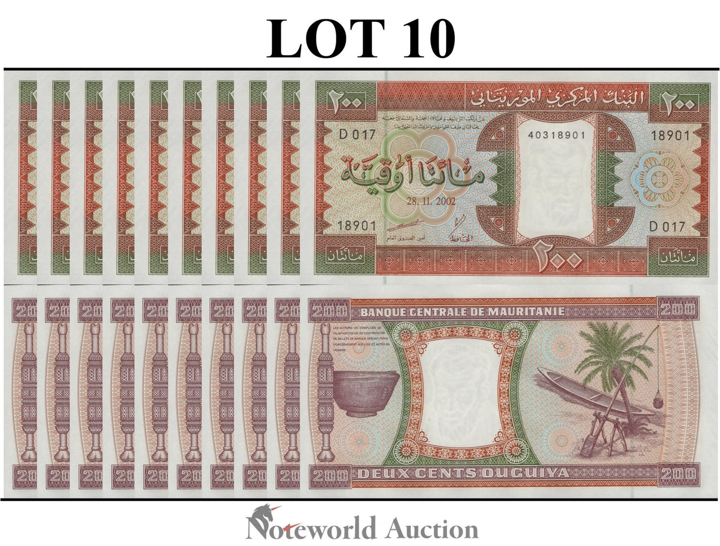 MAURITANIA Lot 10 pcs 1/10 Bundle - 200 Ouguiya 2002 P 5j UNC
