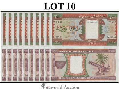 MAURITANIA Lot 10 pcs 1/10 Bundle - 200 Ouguiya 2002 P 5j UNC